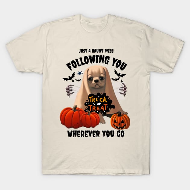 Funny Halloween American Bulldog Puppy in Cheesecloth Pumpkin Halloween T-Shirt by Mochabonk